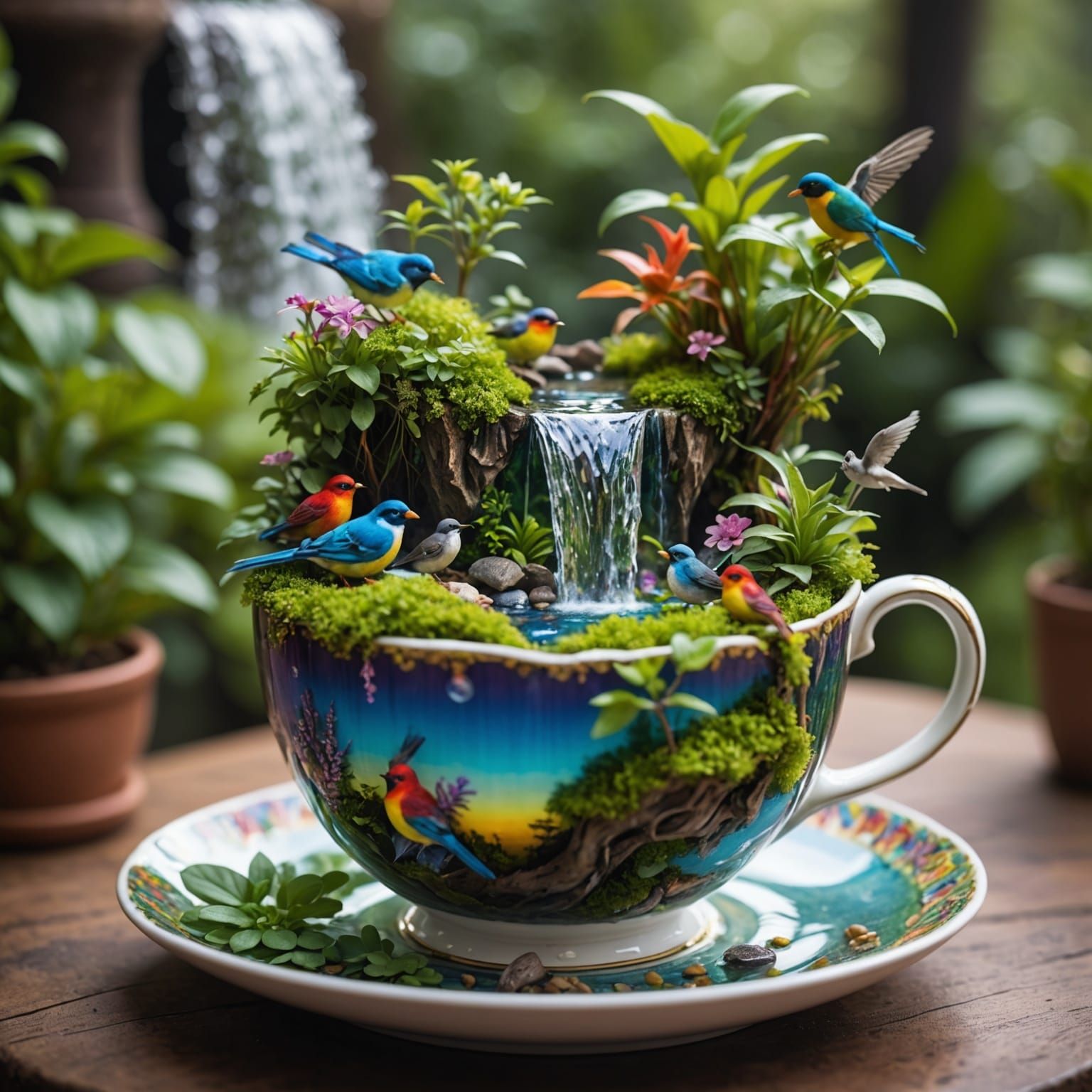 Teacup Ecosystem: Miniature World with Waterfall and Rainbow