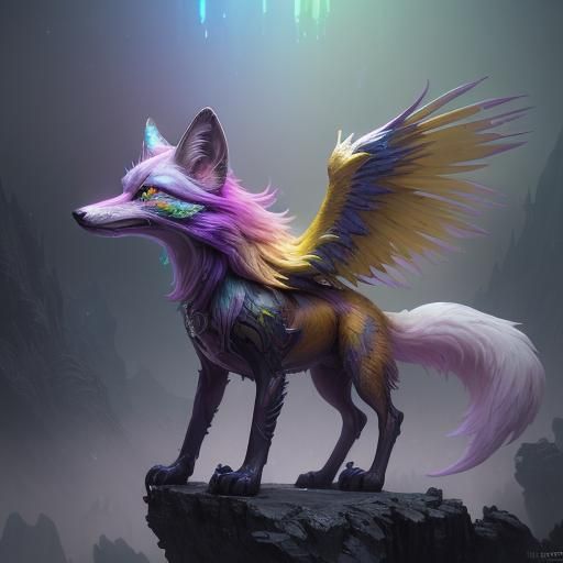 Rainbow Winged Slime Fox Pup in Dark Fantasy Style