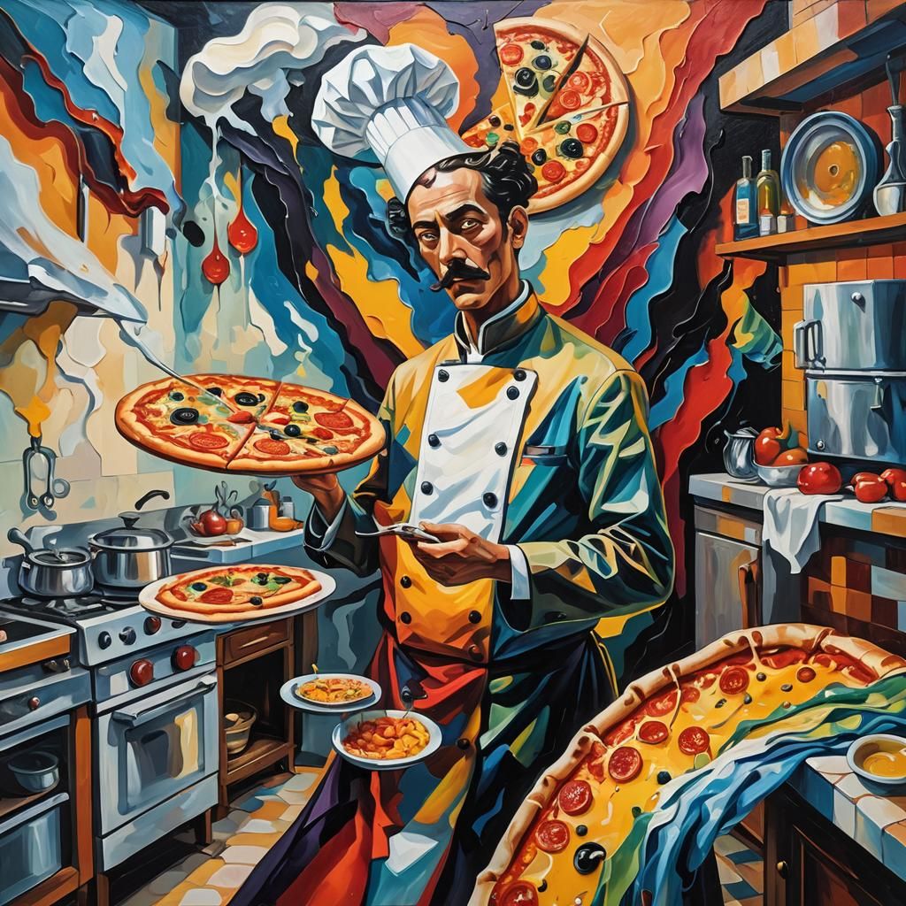 Death as Pizza Chef in Surreal Cubist Kitchen