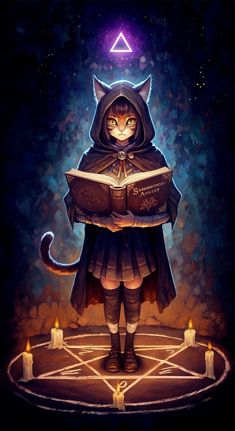 Anthropomorphic Cat Girl Summons Glowing Triangle, Anime Sty...