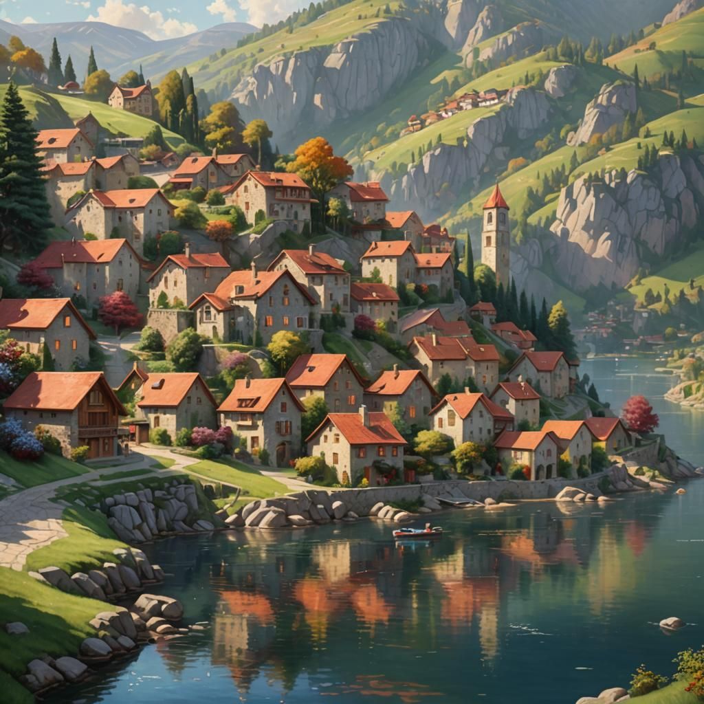 Picturesque Spanish City by Lake, Photorealistic Painting