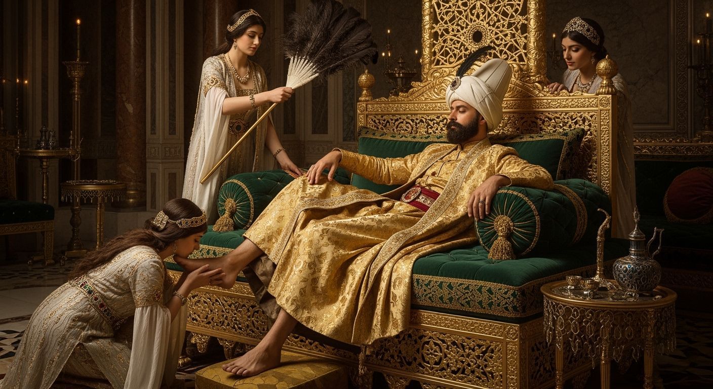 Ottoman Sultan in Opulent Harem, Inspired by Ingres