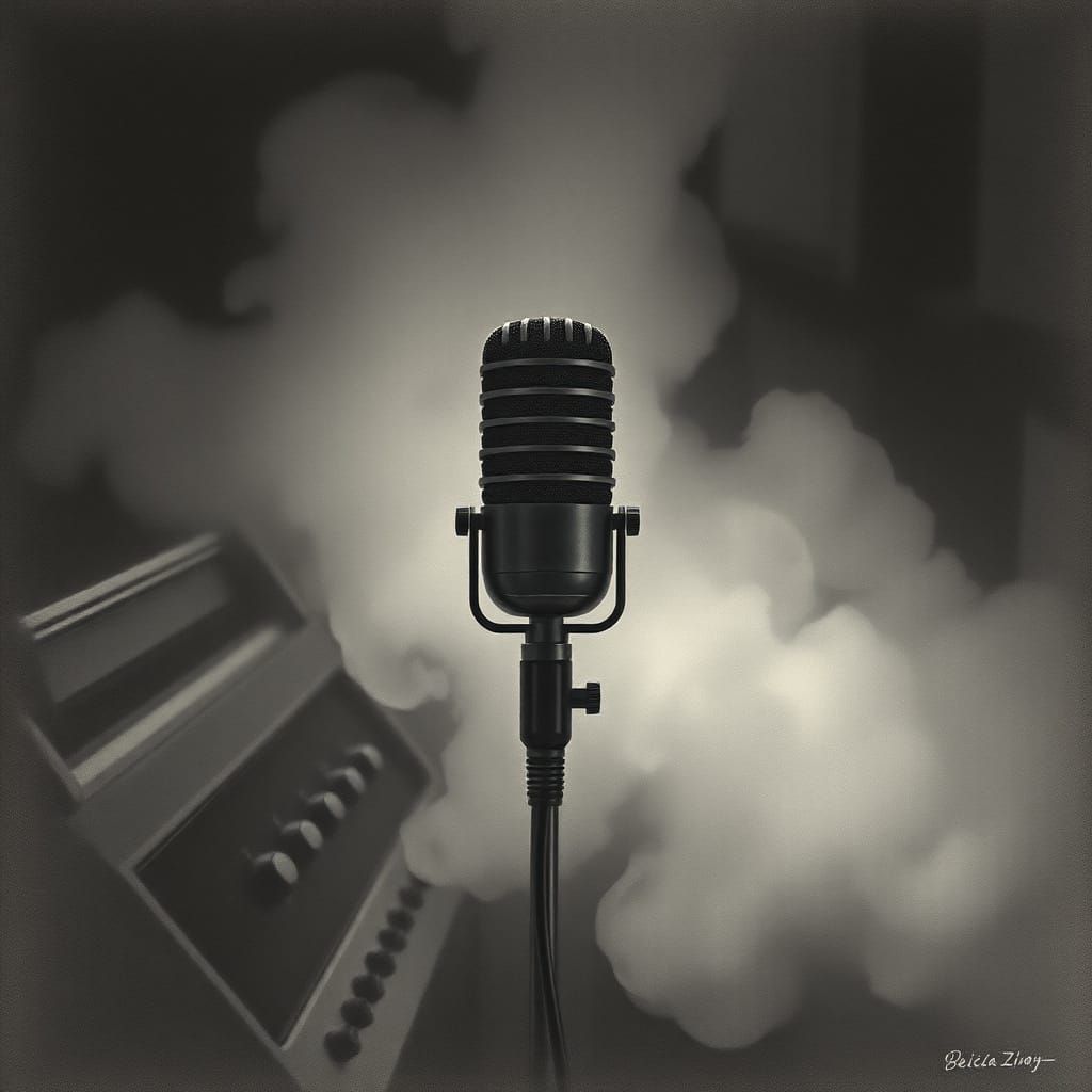 Hyperrealistic Charcoal Drawing of a Microphone in a Cozy Au...