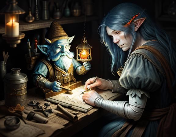 Gnome Repairing Automaton: Dark Fantasy Illustration
