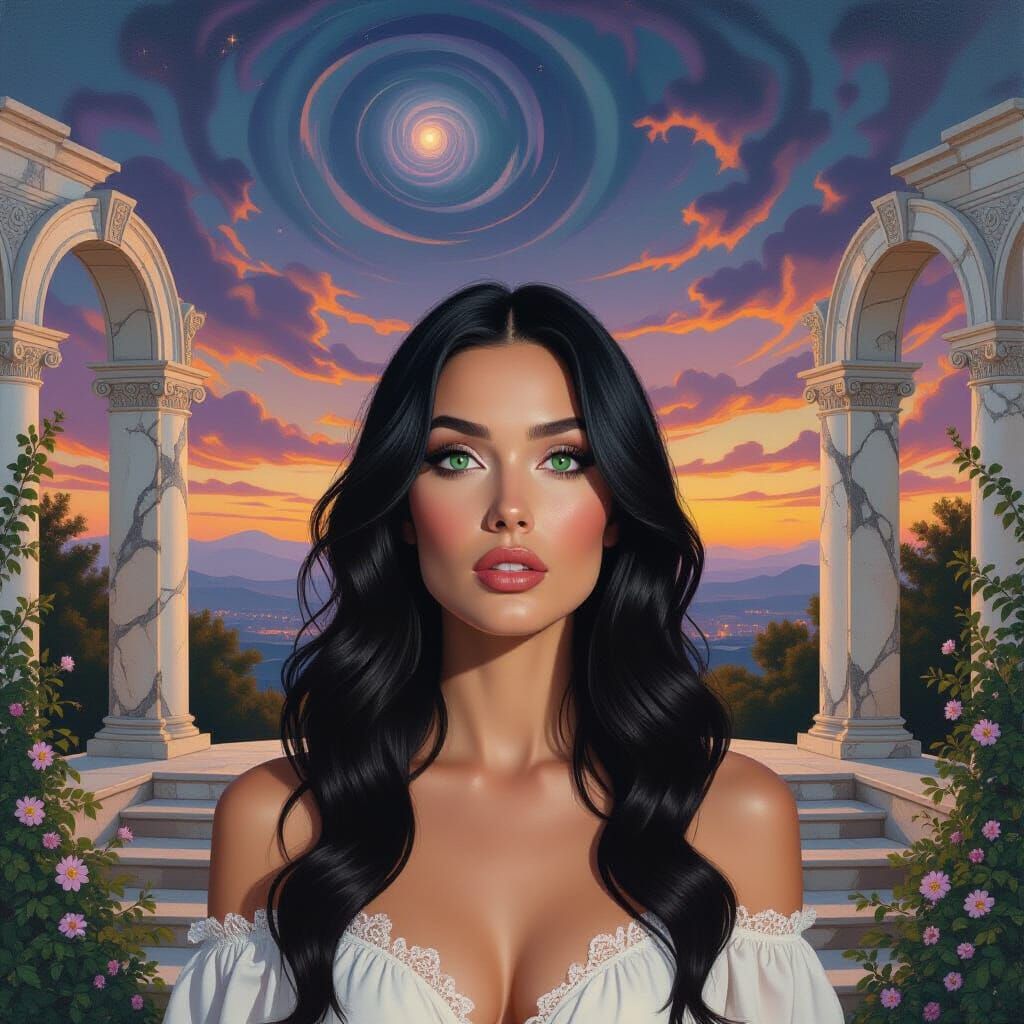 Woman at Ruined Amphitheater in Hyperrealist Style