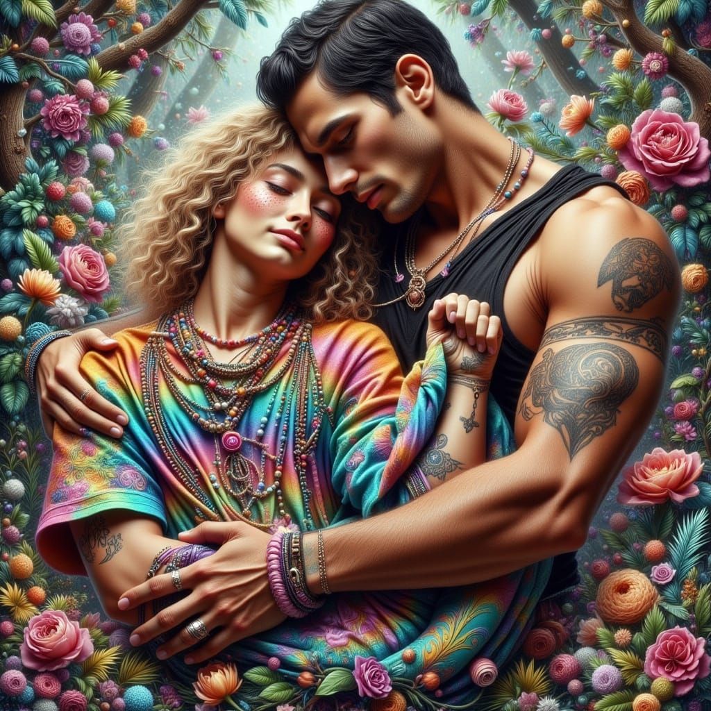 Hyperrealistic Soldier Holds Surfer Hippie in Tender Embrace