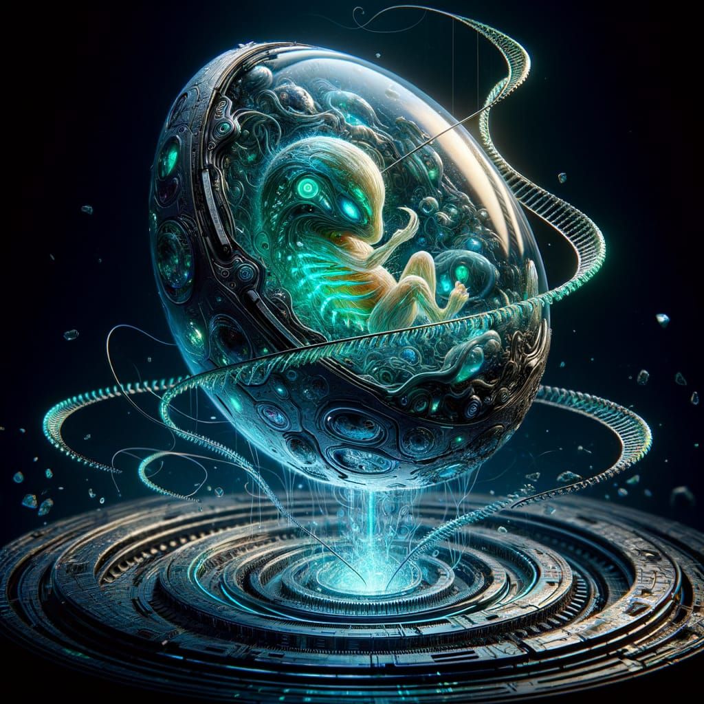 Glowing Biomechanical Cosmic Egg in Zero Gravity