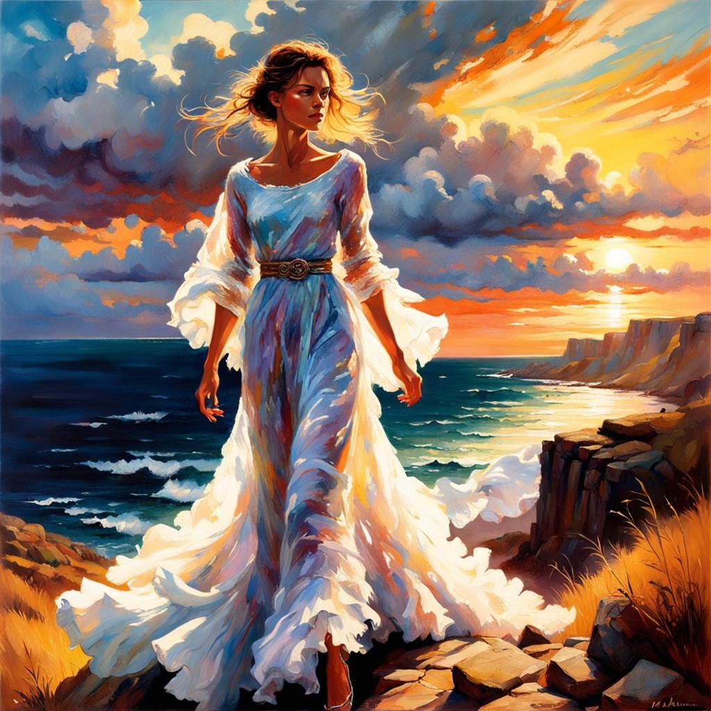 Woman in Cloud Dress at Sunset, Digital Painting