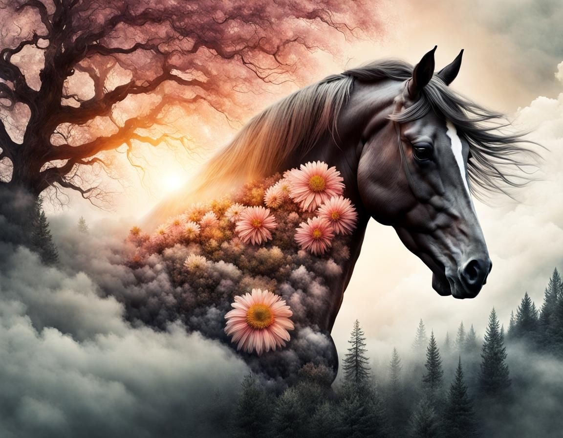 Surreal Double Exposure Horse with Nature