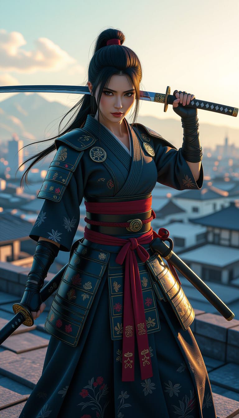 Ninja Woman with Samurai Sword on Rooftop in Cyberpunk Style