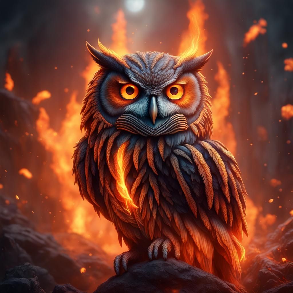 Mystical Orange Owls with Burning Ember Eyes