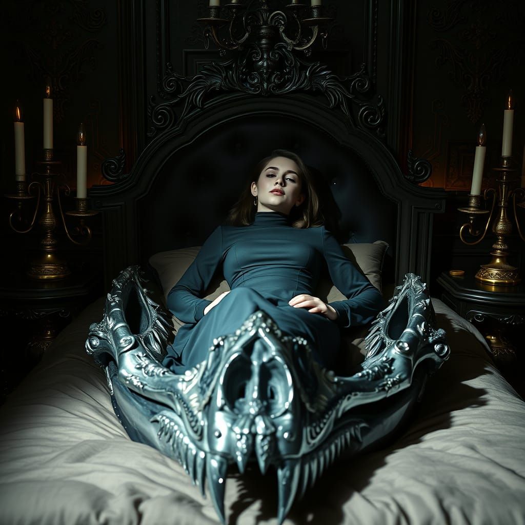 Elegant Victorian Lady in a Dinosaur Skull Bed