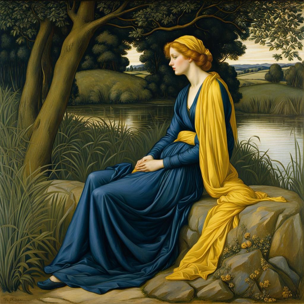 Woman at Riverbank in Pre-Raphaelite Style