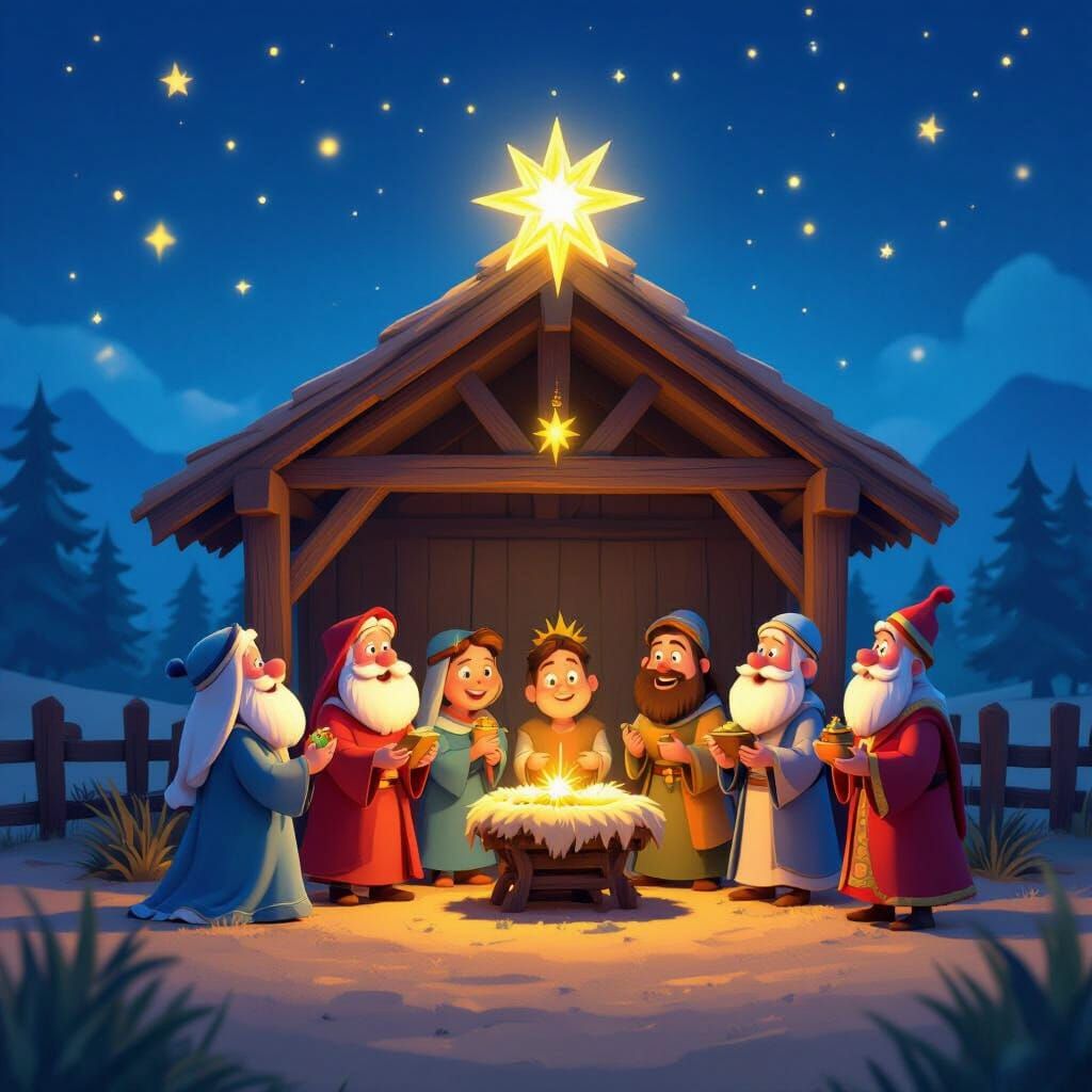 Joyful Nativity Scene in Vibrant 3D Cartoon Style