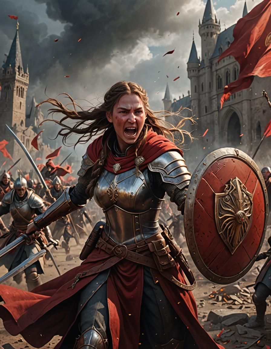 Screaming Female Warrior on Battlefield in Matte Painting