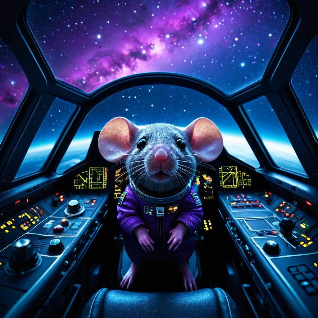 Chibi Mouse in Spaceship over Planet Landscape