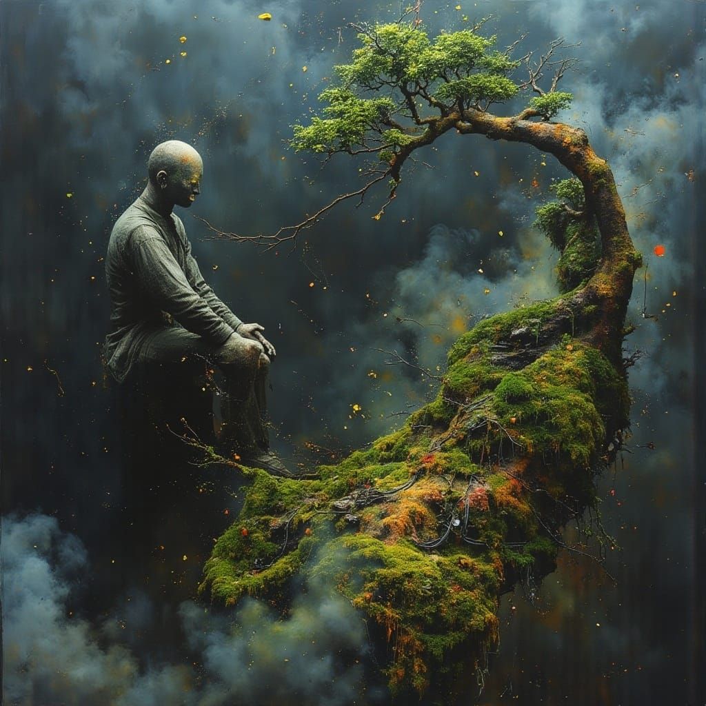 Colossal Mist Figure's Nocturnal Bonsai Dreamscape