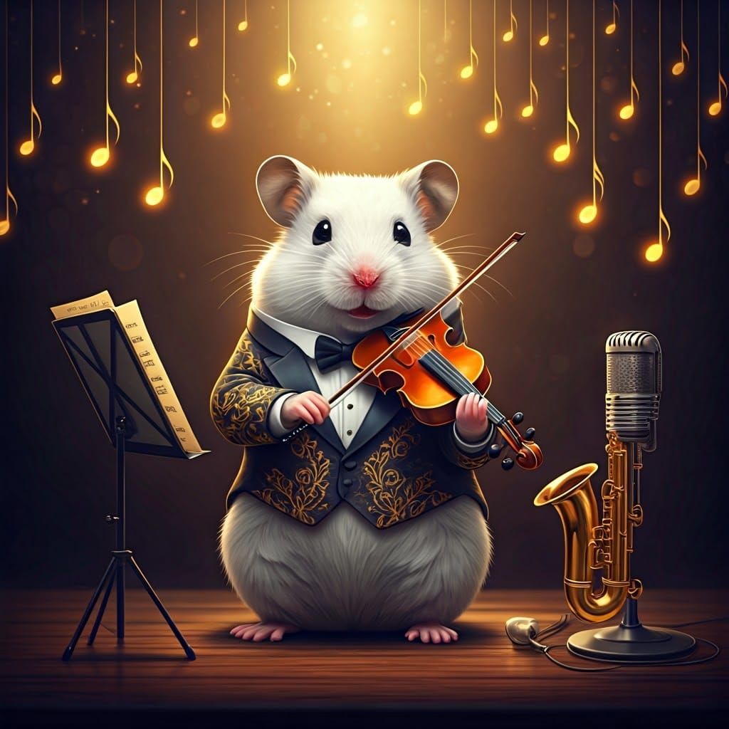 Hamster Musician in Dimly Lit Setting, Hyperrealism