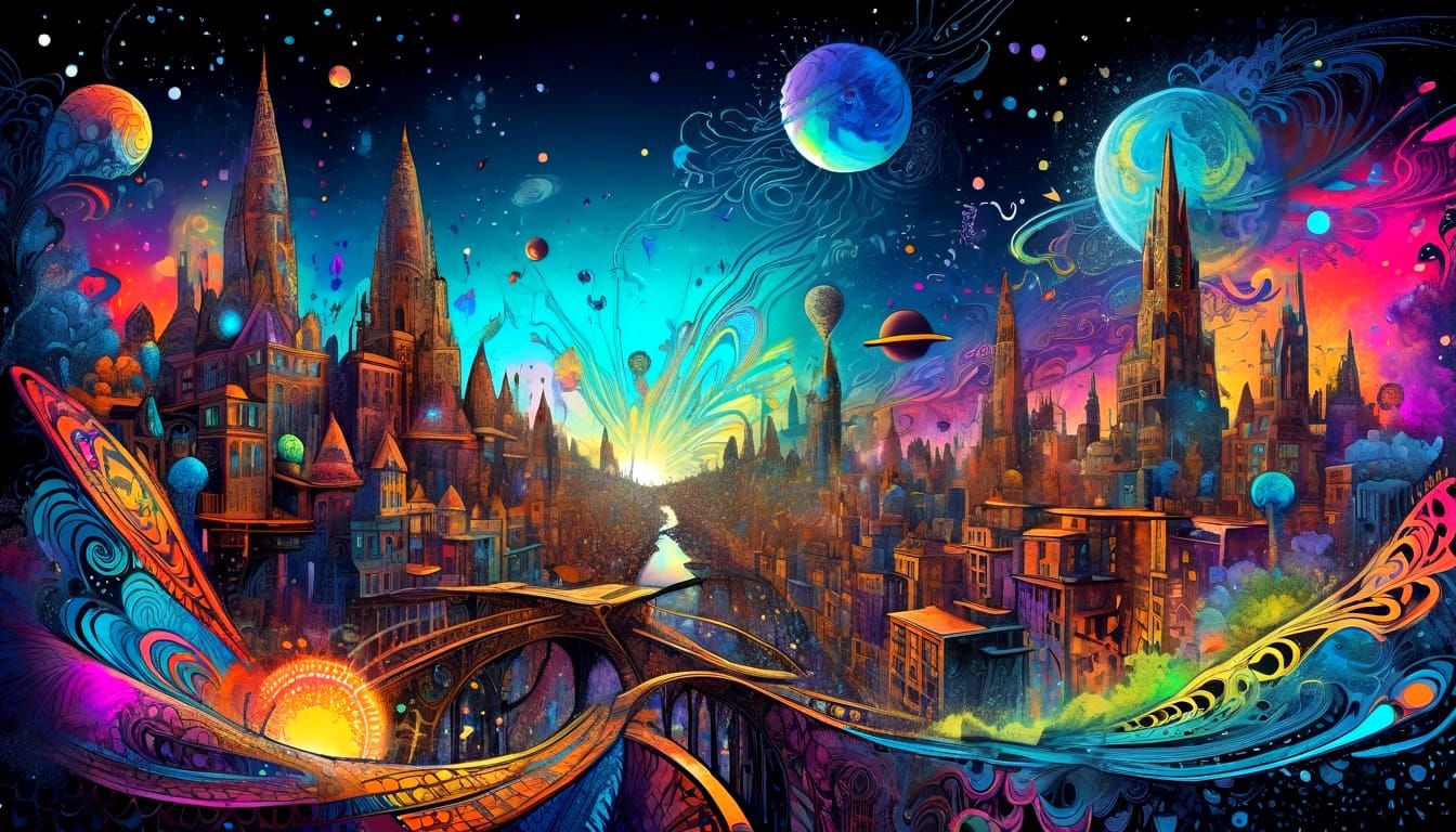 Psychedelic Ink Splash City Art in 3D Hyper-Detail