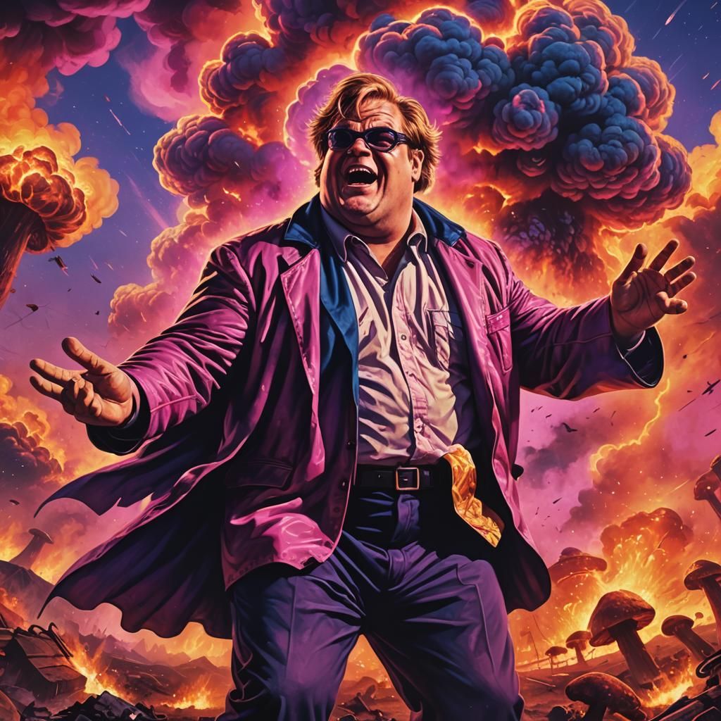 Epic Chris Farley Superhero in Synthwave Wasteland