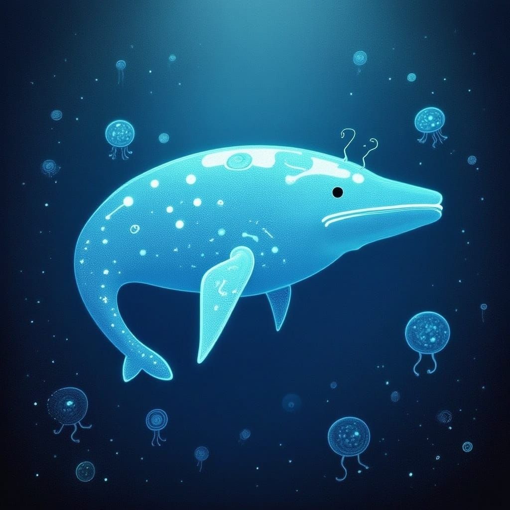 Glowing Glass Whale in Bioluminescent Ocean