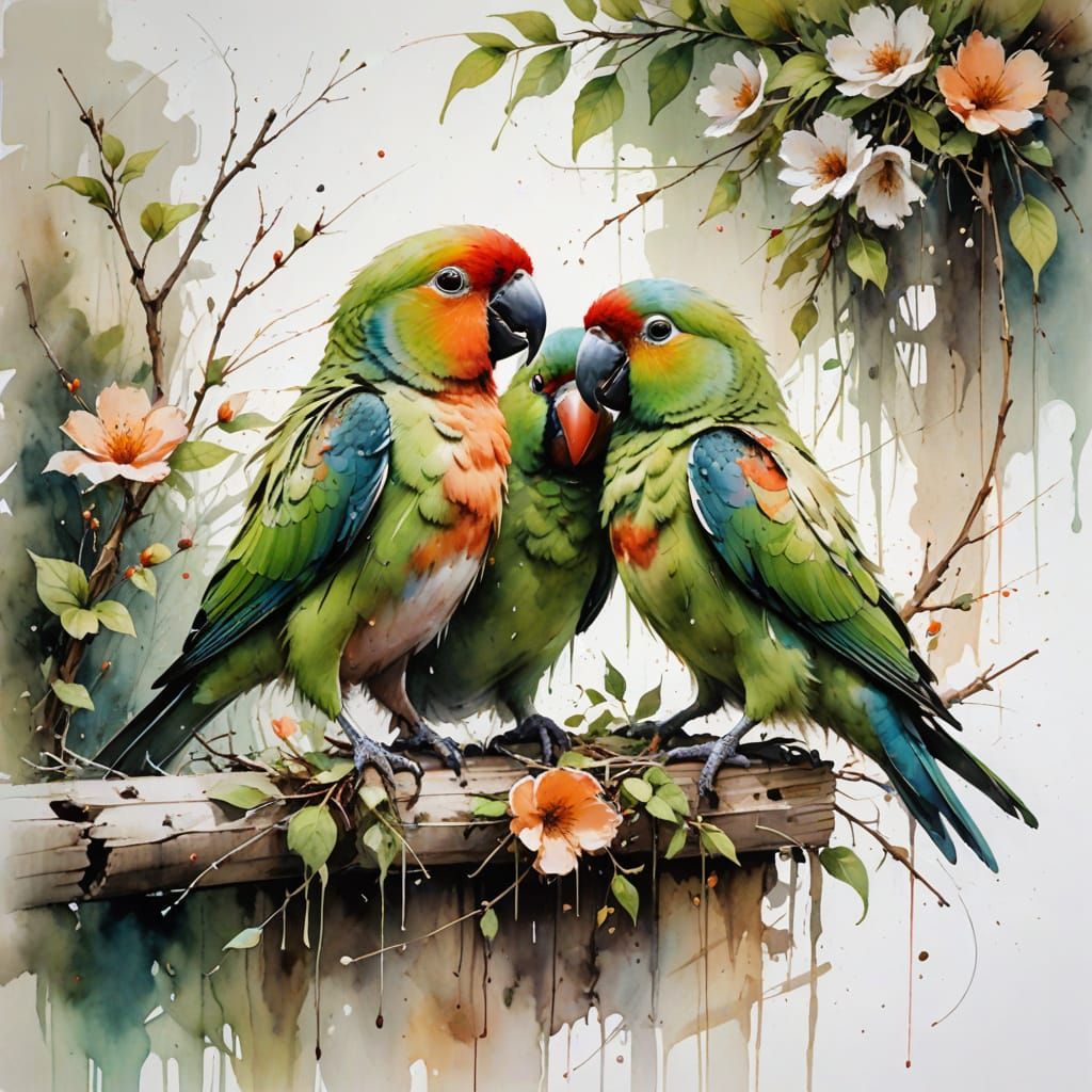 Lovebirds Nesting in Rustic Backyard as Watercolor