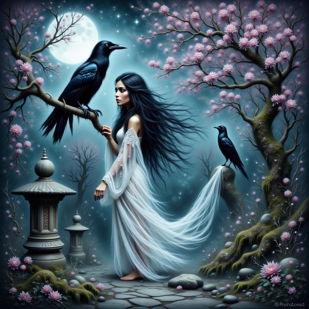 Ethereal Spirit in Moonlit Temple Garden