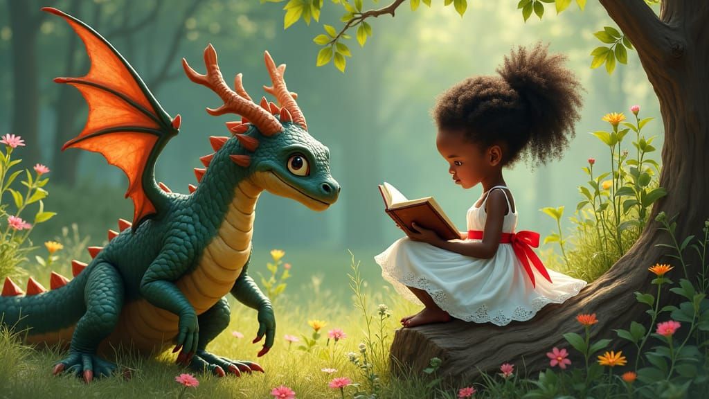 Girl Reads to Dragon: Dreamy Fantasy Art
