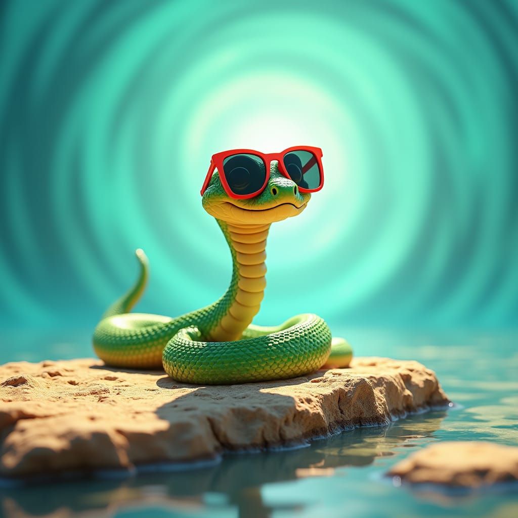 Sunglasses-Wearing Snake Sunbathing in 3D Style