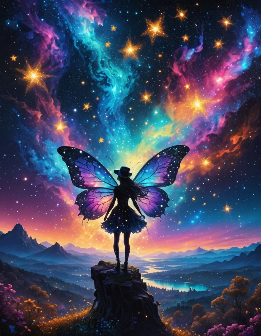 Fairy in Starry Night Dreamscape: Pointillism Art