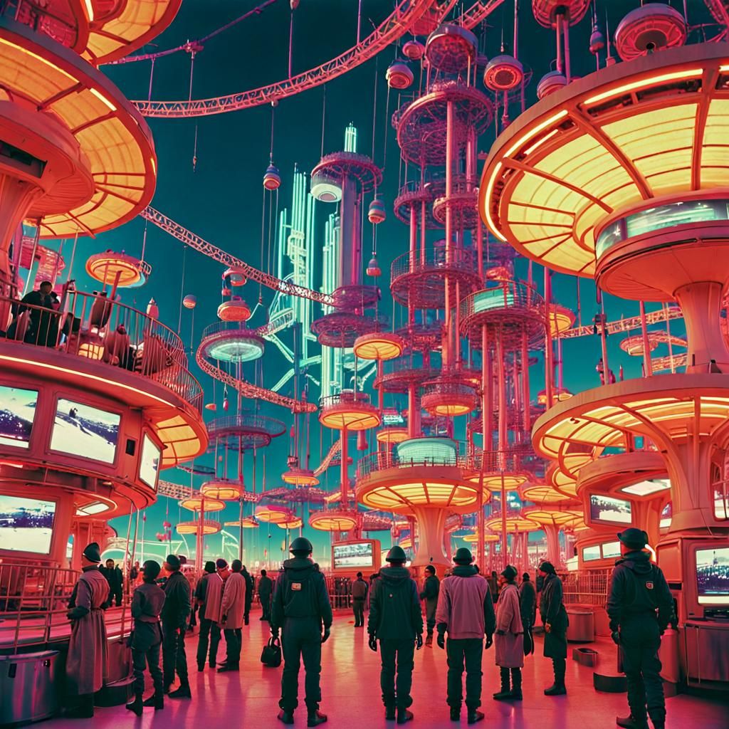 Cyberpunk Theme Park with Nanotechnology: 90s Photography St...