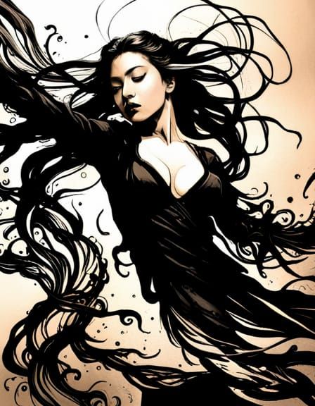 Elegant Japanese Sorceress Witch Swirling Magic