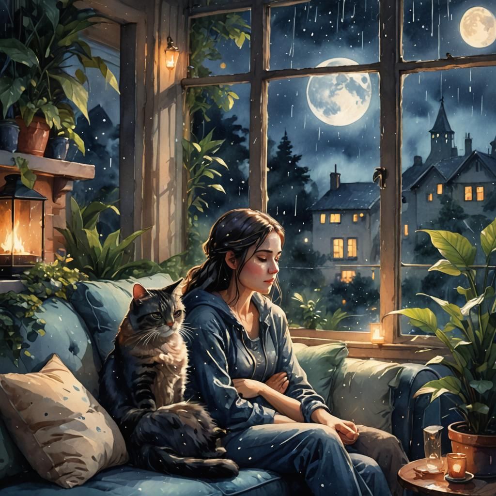 Cozy Rainy Night Fantasy Scene in Watercolor Style