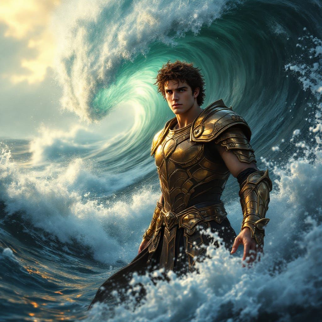 Teen Percy Jackson Summons Ocean Wave: Fantasy Art