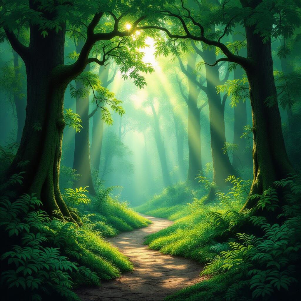 Ethereal Forest Path Bathed in Sunlight
