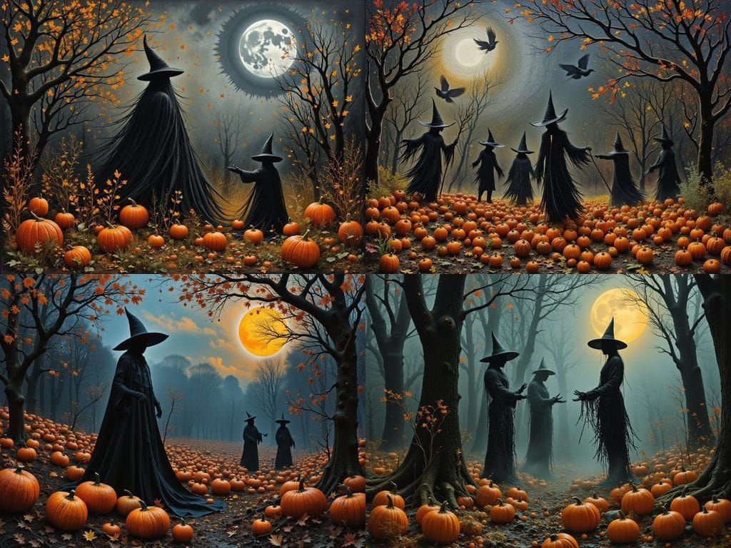 Eerie Harvest Festival with Ghostly Figures and Druidic Scar...