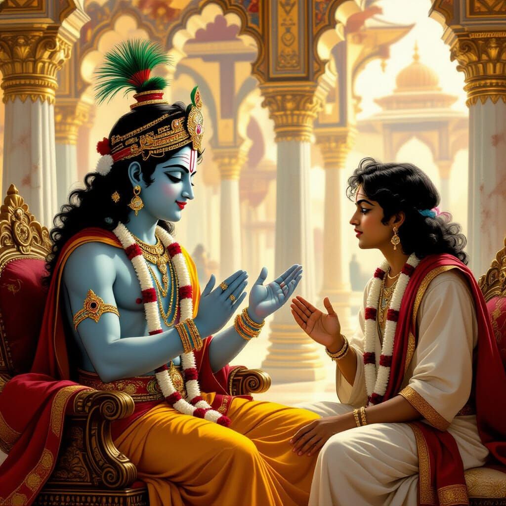 Shri Krishna Listens to Messenger in Ornate Palace