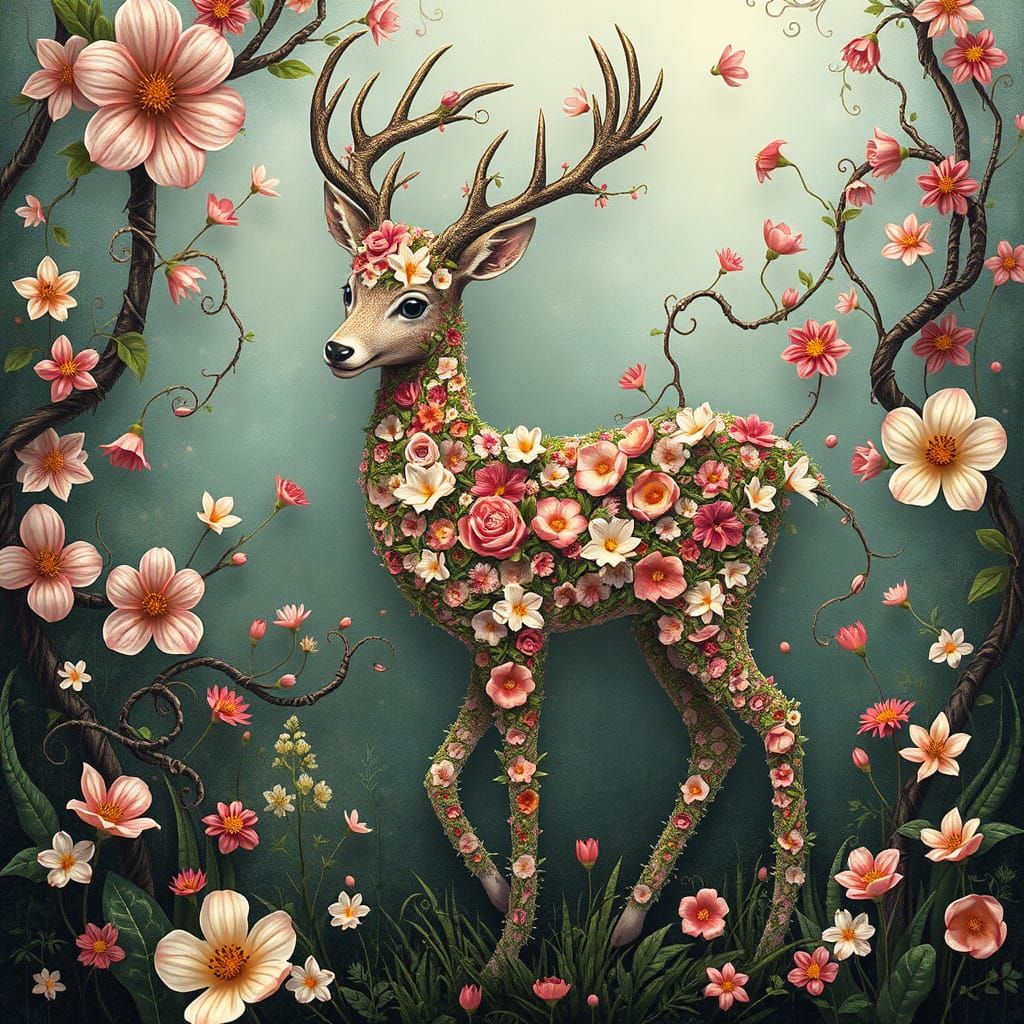 Floral Deer in Whimsical Forest, Surrealist Art