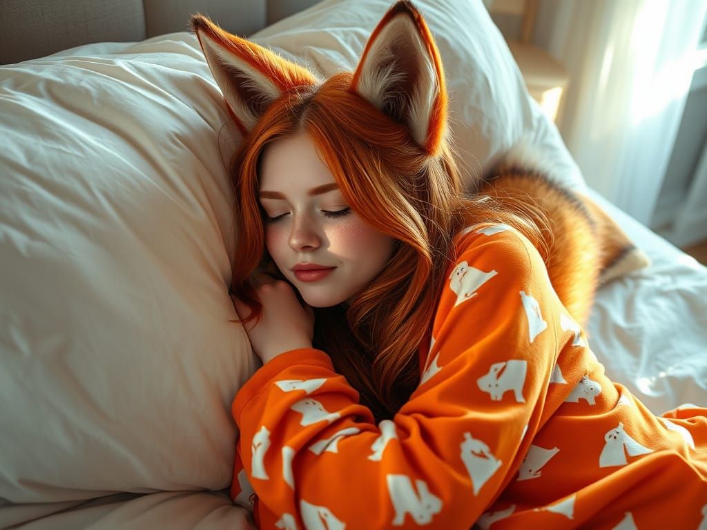 Fox-eared Woman in Bed, Whimsical Digital Portrait