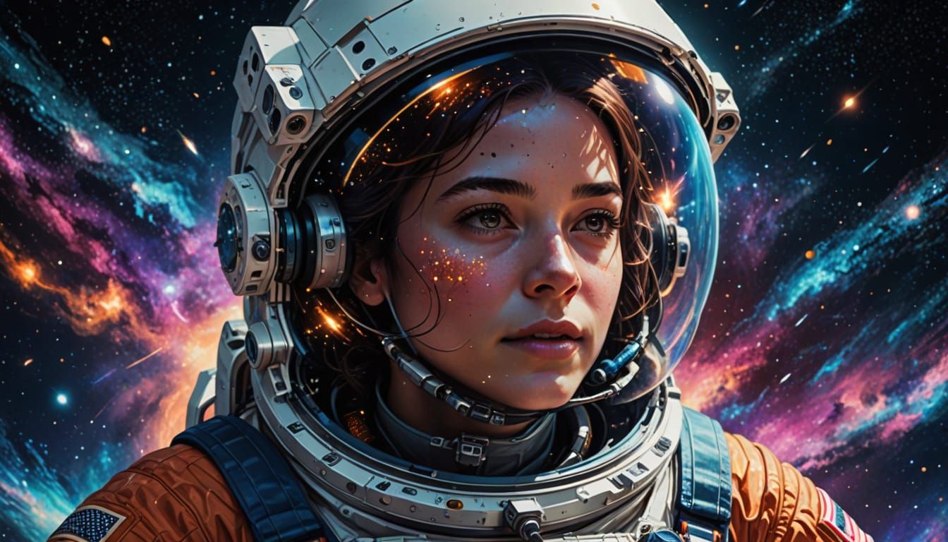 Female Astronaut Floating in Space: Vibrant Sci-Fi Art