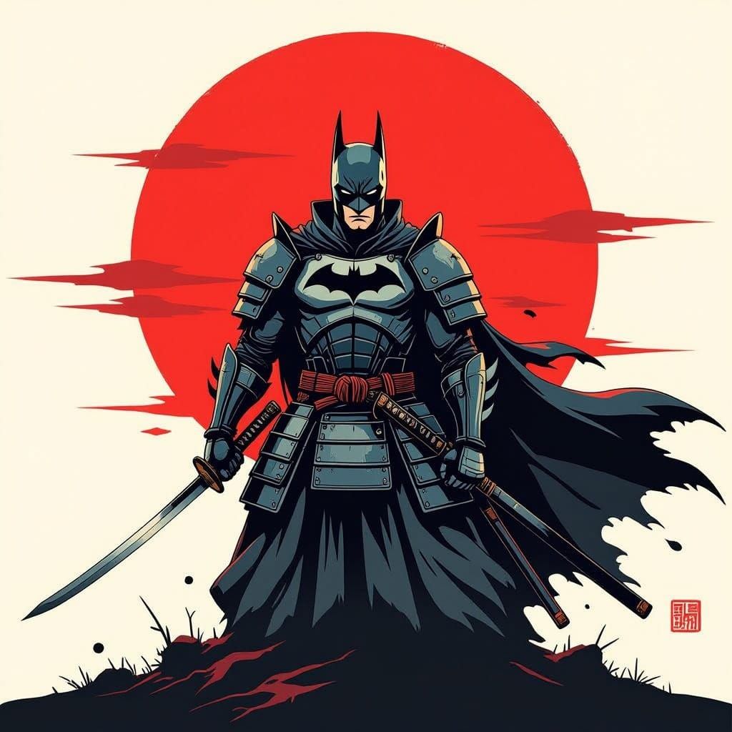 Batman as Japanese Samurai Warrior in Charcoal Illustration