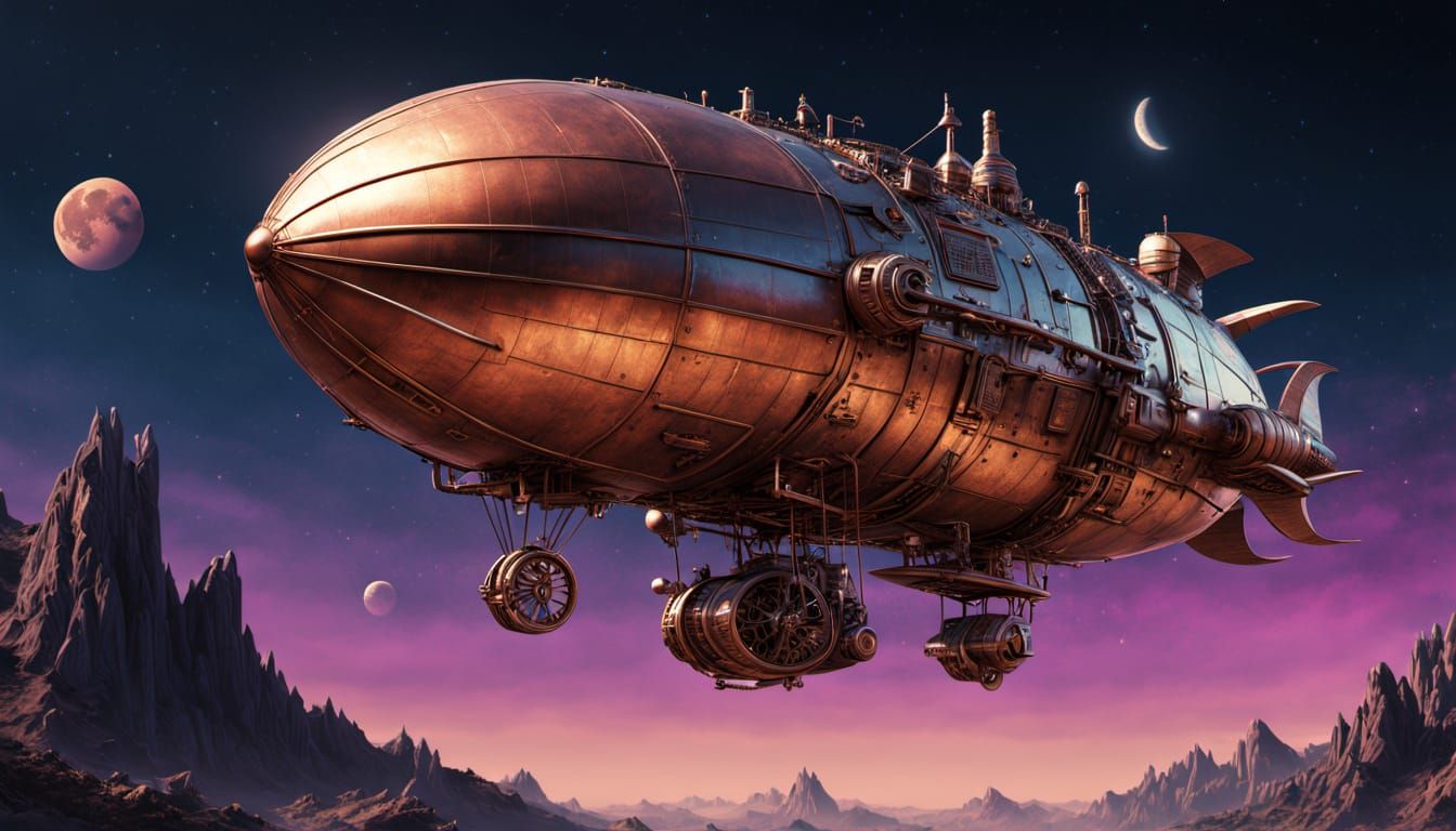 Steampunk Dirigible Blazes Across a Vibrant Moonlit Galaxy