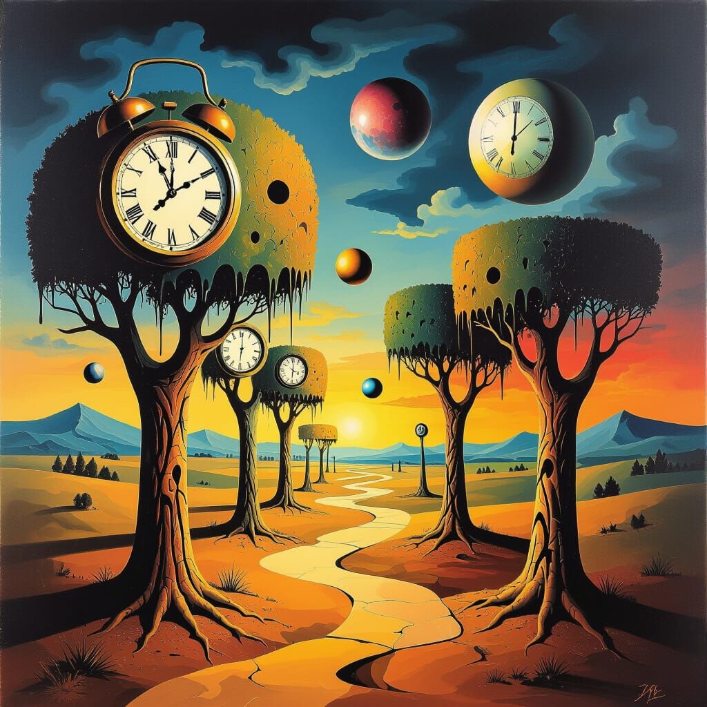 Surreal Dreamscape with Melting Clocks and Floating Spheres