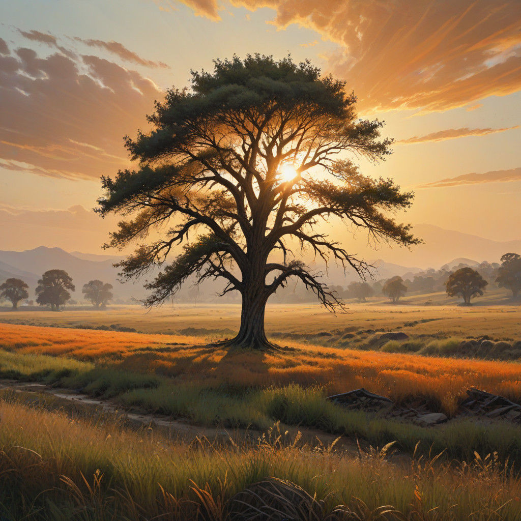 Majestic Lone Tree in Warm, Earthy Landscape Painting