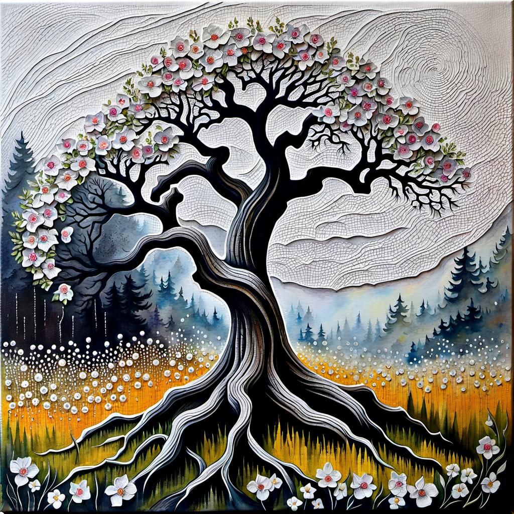 Twisted Ancient Tree with Floral Accents
