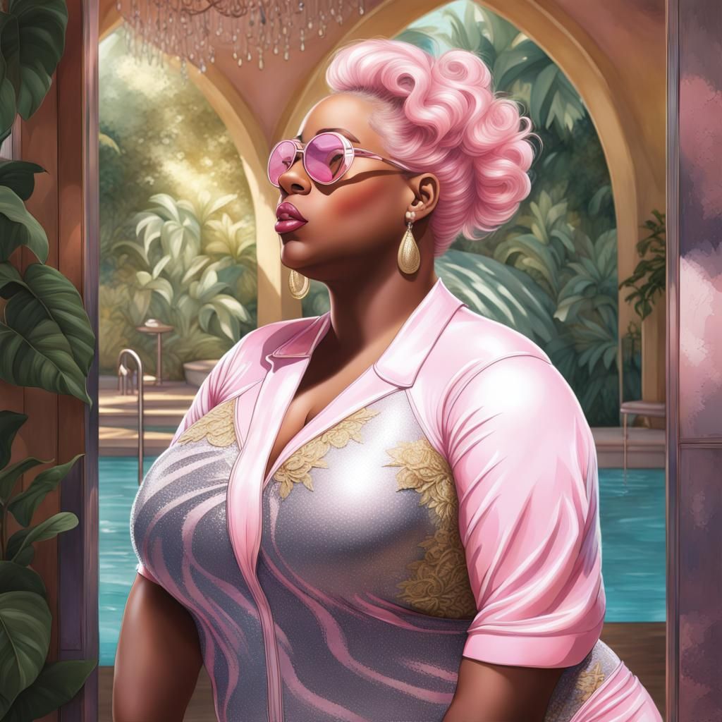 Pin-Up Style Woman in Pink Swimsuit by Indoor Pool