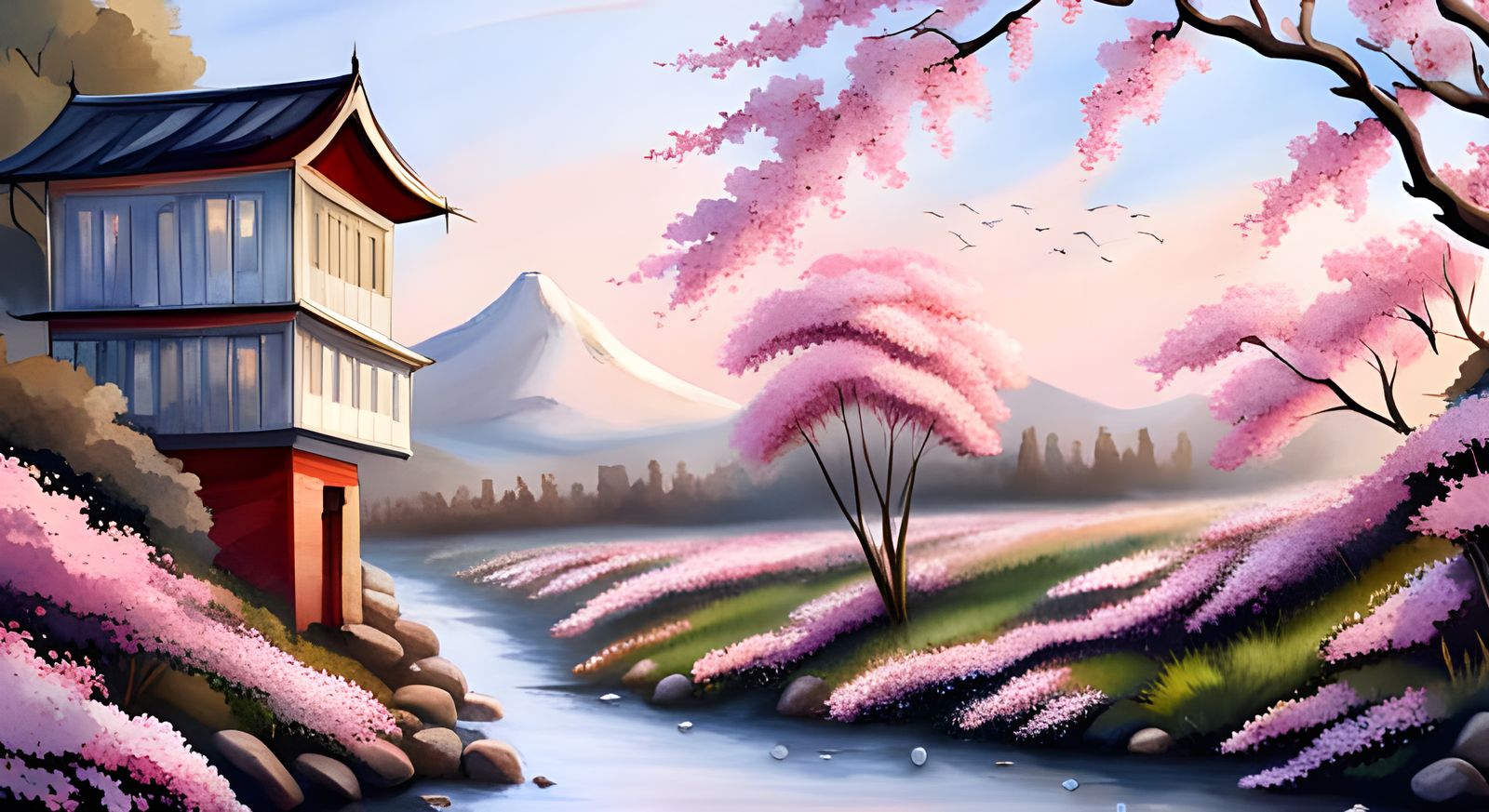Serene Cherry Blossom Scene in Soft Pink Hues