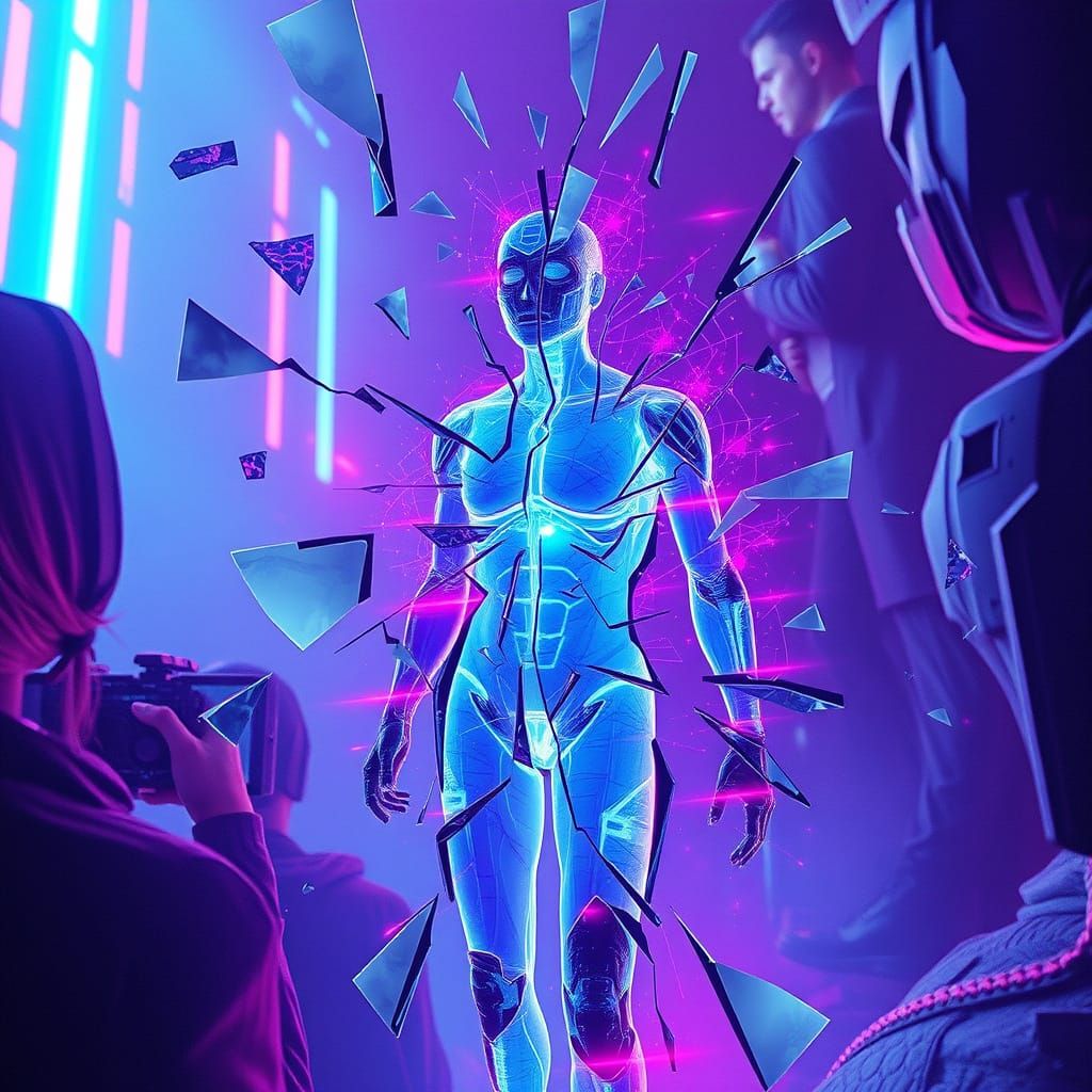 Fragmented Figure in Dreamlike Neon Landscape