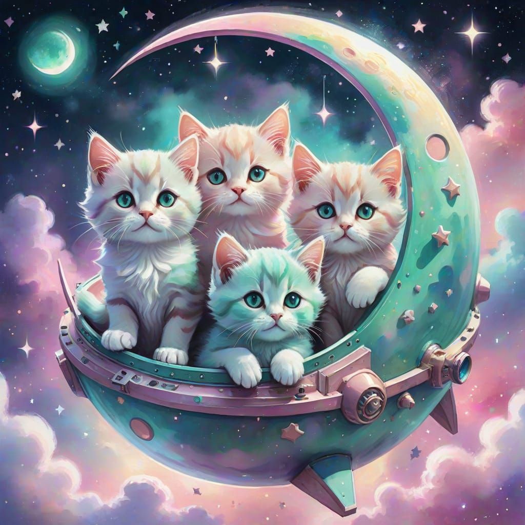 Dreamy Whimsical Kittens in a Cosmic Crescent Moon