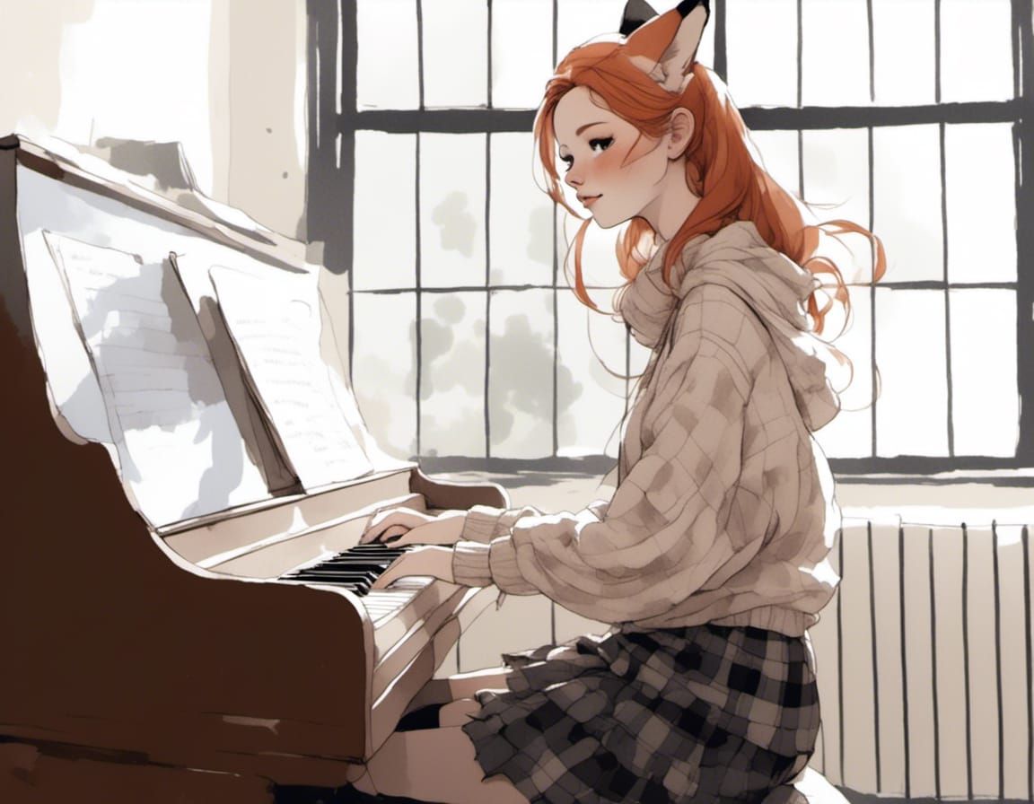 Adorable Fox-girl VIXEN sitting at a piano, singing.